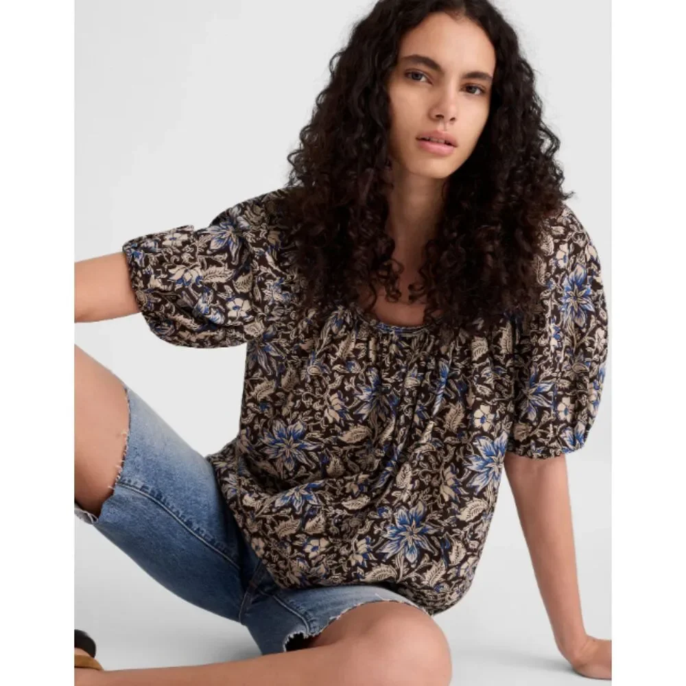 Madewell Puff-Sleeve Scoopneck Top Dark Carob Large